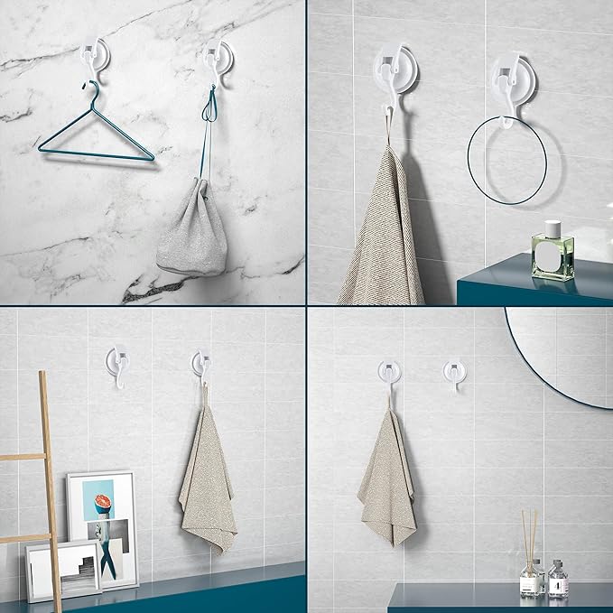 Heavy Duty Vacuum Suction Cup Hooks, White Plated Polished Super Suction for Kitchen Bathroom, 6 Pack