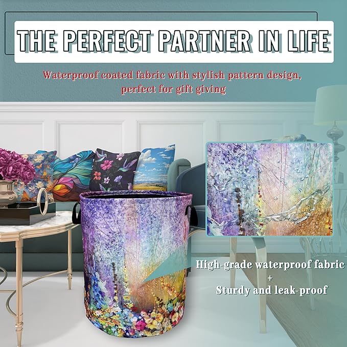 Watercolor Purple Flowers Laundry Basket Foldable With Handles Colorful Tote Bag Oxford Cloth Laundry Hamper Clothes Storage Bucket Toy Organizer 18.9" x 16.5" For Bathroom/Laundry/Bedroom