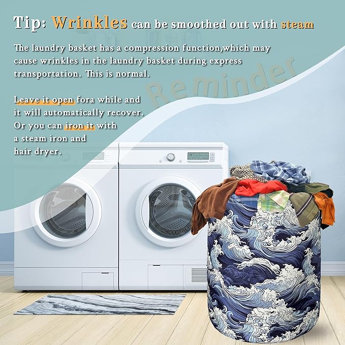 Vintage Sea Waves Laundry Basket With Handles Oxford Cloth Tote Bag Colorful Laundry Hamper 18.9"x16.5 "Foldable Clothes Storage Bucket Toy Organizer For Bathroom/Laundry/Bedroom
