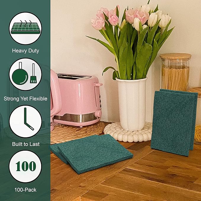 100 Pack Heavy Duty Scouring Pads 3x4 Inch – Green Scrubbing Pads, Non Scratch Bulk Scrub Pads for Kitchen, Dishes, Pots, Pans, Grill & Household Cleaning – Reusable Multipurpose Scrubber Pads