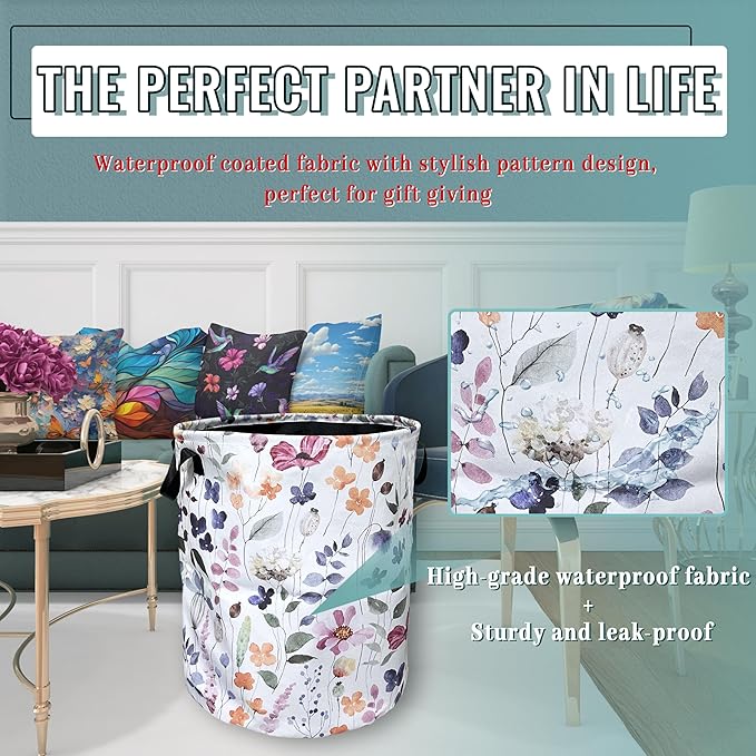 Watercolor Floral Laundry Basket Foldable With Handles Tote Bag Oxford Cloth Cute Flowers Laundry Hamper Clothes Storage Bucket Toy Organizer 18.9" x 16.5" For Bathroom/Laundry/Bedroom