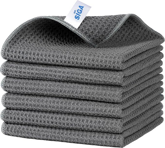 MR.SIGA Waffle Pattern Cleaning Cloths, Reusable Absorbent Microfiber Cleaning Cloths, Lint Free Microfiber Kitchen Towels, 6 Pack, Gray, 12.6 x 12.6 inch