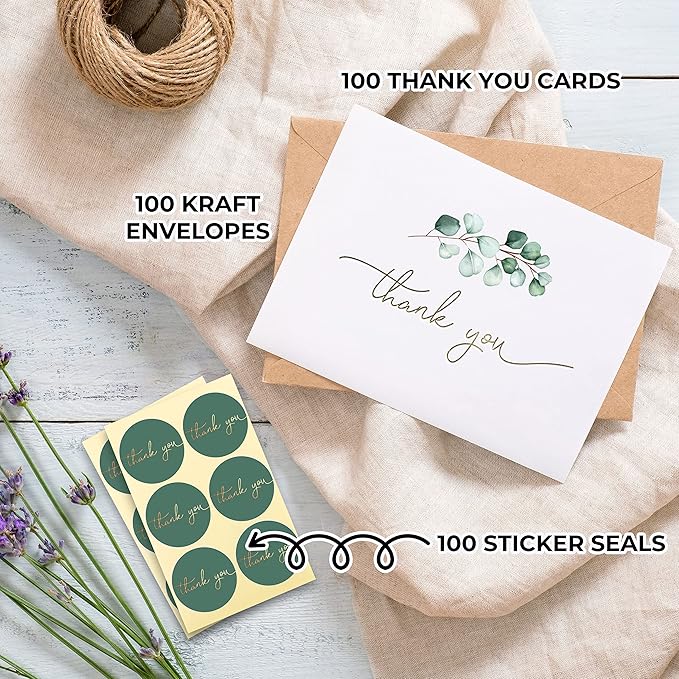 100 Heavyweight Blank Thank You Cards with Envelopes for a Personal Touch, Eucalyptus Thank You Card for Any Occasion, Wedding, Bulk Pack Card with Envelopes & Stickers (3.7 x 5.1 Inches) (100 Pack)