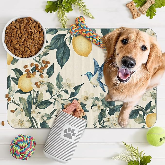 Hummingbird Dog Food Mat for Floors,Vintage Lemon Absorbent Quick-Dry Pet Feeding Mat,Cat Dog Bowl Mats for Food and Water,Non-Slip Pet Accessories Supplies 16"x24"