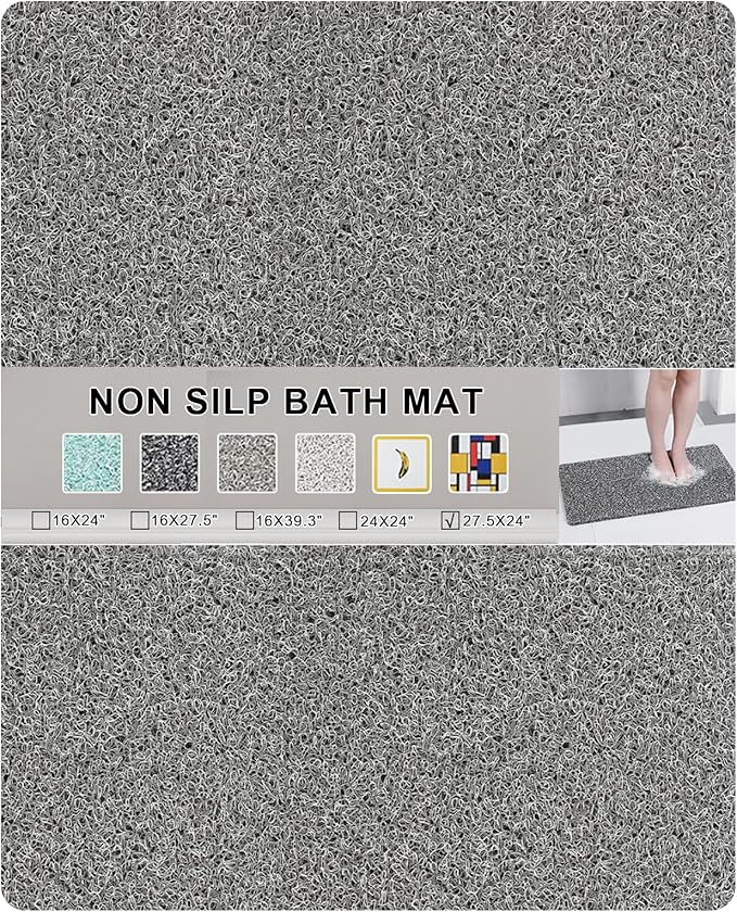 Nonslip Bathtub Mat, Anti Slip Bath Mat 0.6" Extra Thick, Quick Dry Bath Tub Anti Slip Shower Mat, Loofah Non-Slip Bath Mat for Tub Bathroom Pool Kitchen Entryway Home Hotel(Grey 24x27)