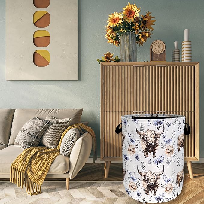 Watercolor Highland Cow Laundry Hamper With Handles Foldable Oxford Cloth Purple Flower Tote Bag Cows Laundry Basket Clothes Toy Storage Bucket 18.9" x 16.5"For Bathroom/Laundry/Bedroom