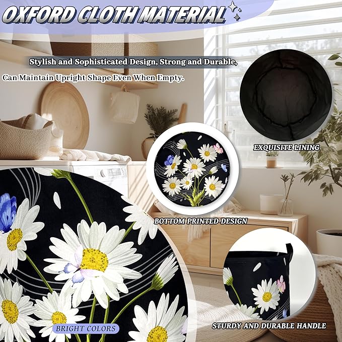 Cute Daisy Laundry Basket Foldable Floral Music Notes Laundry Hamper With Handle Oxford Cloth Portable Clothes Storage Organizer Basket 18.9"x16.5" Laundry Bag For Laundry Room/Bedroom/Bathrooms
