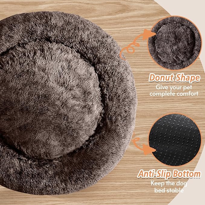 JOLLYVOGUE Small Dog & Cat Beds for Indoor Cats, Donut Cuddler Warming Soft Dog Beds with Anti-Slip Bottom, Round Calming Fluffy Plush Faux Fur Cushion Bed for Small Dogs (20")