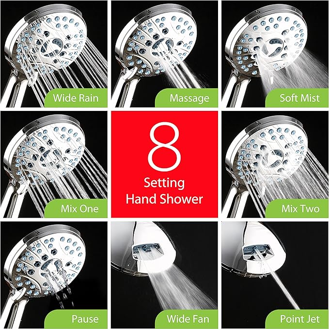 Hotel Spa AquaCare As-Seen-On-TV High Pressure 48-setting Rain & Handheld 3-way Shower Head Combo - Anti-clog Nozzles/Tub, Tile & Pet Power Wash/Extra Long 6 ft. Hose/All Chrome Finish