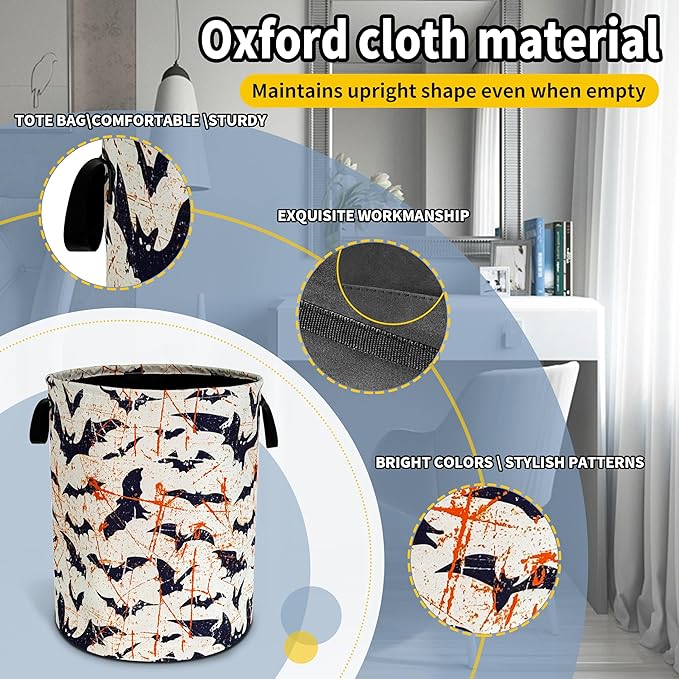 Bat Laundry Basket Goth Foldable Oxford Cloth Funny Tote Bag Laundry Hamper Clothes Storage Bucket Toy Organizer For Bathroom/Laundry Storage/Bedroom 18.9x16.5 Inch