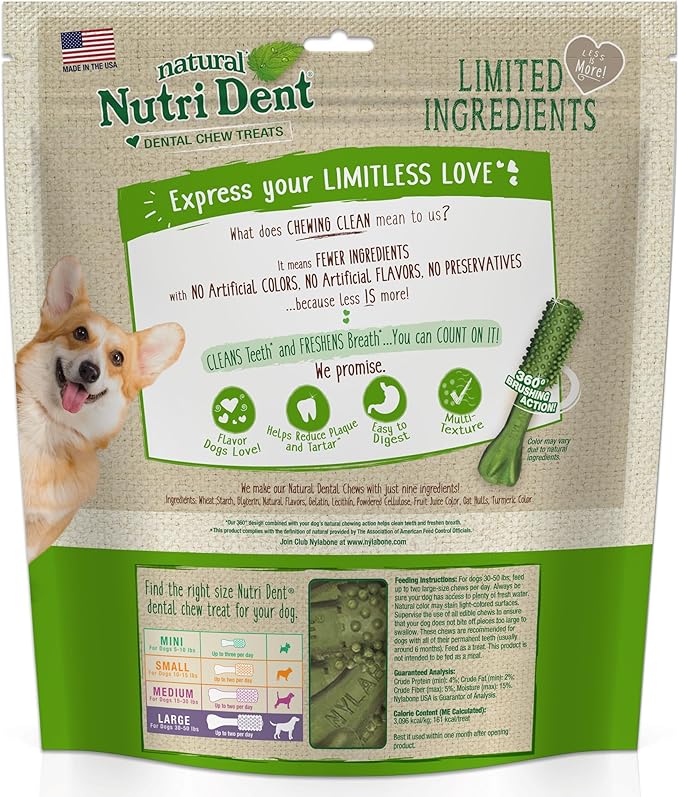 Nylabone Nutri Dent Dog Dental Treats - Natural Dog Teeth Cleaning & Breath Freshener - Dental Treats for Dogs - Fresh Breath Flavor, Large (20 Count)