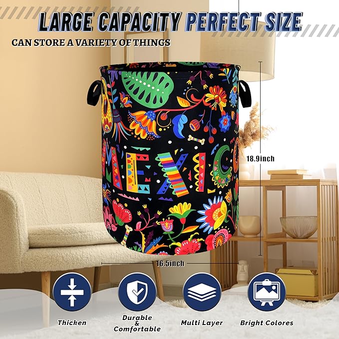 Mexico Laundry Basket Foldable Colorful Hippie Floral Laundry Hamper With Handle Oxford Cloth Portable Clothes Storage Organizer Basket 18.9"x16.5" Laundry Bag For Laundry Room/Bedroom/Bathrooms
