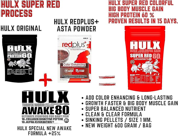 HULX Goldfish Food Sinking Pellets for Big Muscle & Mass Weight Gain, Whey Mixed High Protein 60% Fish Food Growth Fast Formula 1.32 Lb.(600 Gram.) 1mm, Healthy, Color Enhancing Clear Water Fish Feed