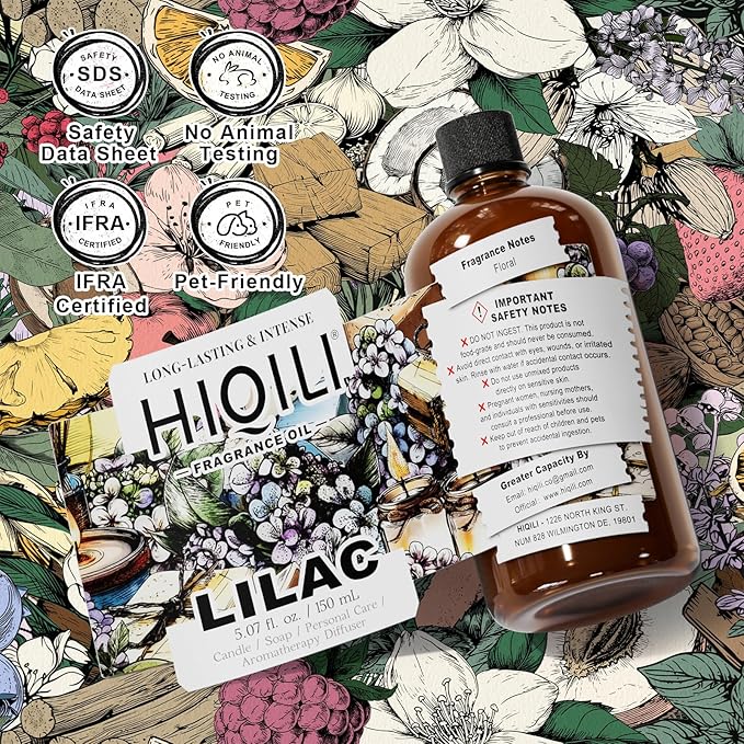 HIQILI Lilac Fragrance Oil for DIY Perfume, Candle & Soap Making, Soft Floral Scents for Essential Oils Diffuser - 5.07 Fl Oz