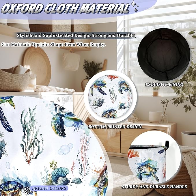 Sea Turtles Laundry Basket Foldable Ocean Animal Turtle Laundry Hamper With Handle Oxford Cloth Portable Clothes Storage Organizer Basket 18.9"x16.5" Laundry Bag For Laundry Room/Bedroom/Bathrooms