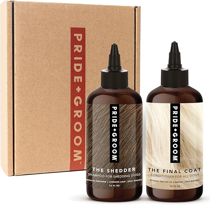 Pride and Groom The Shedder Box Set – Deshedding Dog Shampoo & Conditioner with All Natural Blend of Essential Oils & Ingredients to Moisturize & Untangle Curly and Wavy Coats – 32oz
