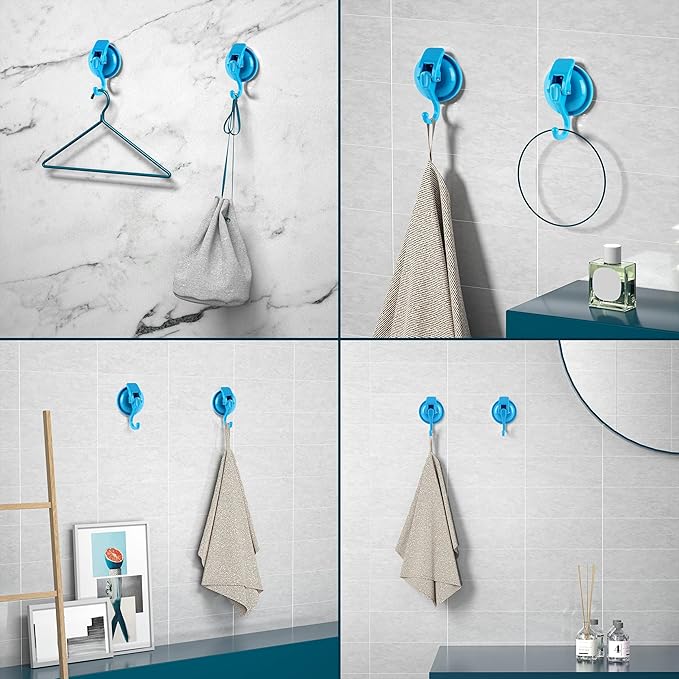 Heavy Duty Vacuum Suction Cup Hooks, Blue Plated Polished Super Suction for Kitchen Bathroom, 2 Pack