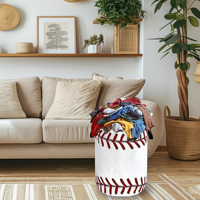 Baseball Texture Laundry Basket Foldable Funny Baseball Laundry Hamper With Handle Oxford Cloth Portable Clothes Storage Organizer Basket 18.9"x16.5" Laundry Bag For Laundry Room/Bedroom/Bathrooms