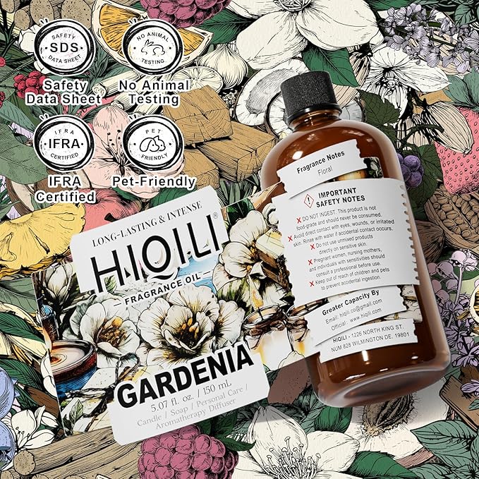 HIQILI Gardenia Fragrance Oil for DIY Candle, Soap & Perfume Making, Add to Essential Oil Diffuser, Body Wash, Long-Lasting - 5.07 Fl Oz
