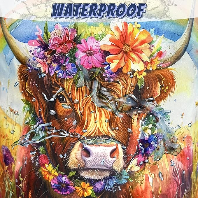 Watercolor Highland Cow Laundry Hamper Oxford Cloth Animal Flowers Laundry Basket With Handle Portable Clothes Storage Basket Foldable Laundry Bag 18.9"x16.5" For Laundry Room/Bedroom/Bathroom