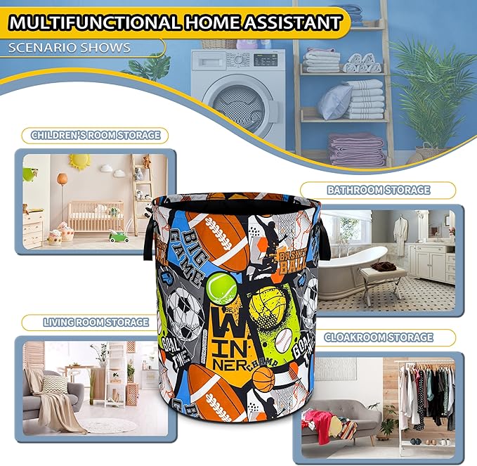 Ball Game Laundry Basket Sports Foldable Waterproof Oxford Cloth Funny Tote Bag Laundry Hamper Clothes Storage Bucket Toy Organizer For Bathroom/Laundry Storage/Bedroom 18.9x16.5 Inch