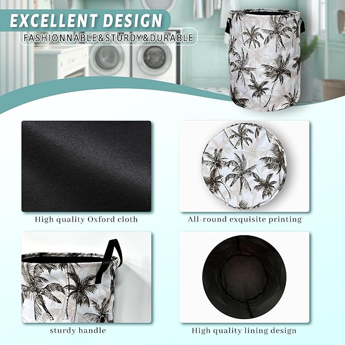 Vintage Tropical Palm Trees Laundry Basket Foldable With Handles Tote Bag Oxford Cloth Colorful Laundry Hamper 18.9"x1 6.5 "Clothe Storage Bucket Toy Organizer For Bathroom/Laundry/Bedroom