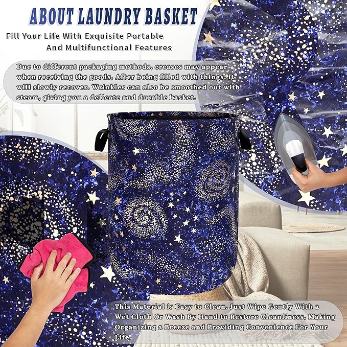 Blue Galaxy Laundry Basket Foldable Colorful Starry Sky Laundry Hamper With Handle Oxford Cloth Portable Clothes Storage Organizer Basket 18.9"x16.5" Laundry Bag For Laundry Room/Bedroom/Bathrooms