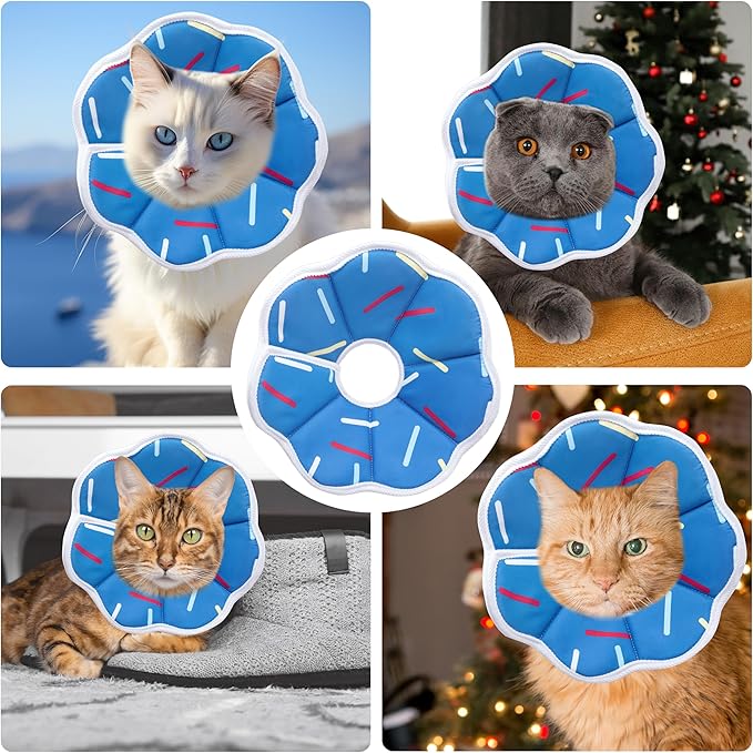 Soft Adjustable Cat Cone Collar, Comfortable Cat Recovery Collar Suitable for Various Types of Cats,Elizabethan Neck Protective Collar for Cats After Surgery (Blue Stripe, Large)
