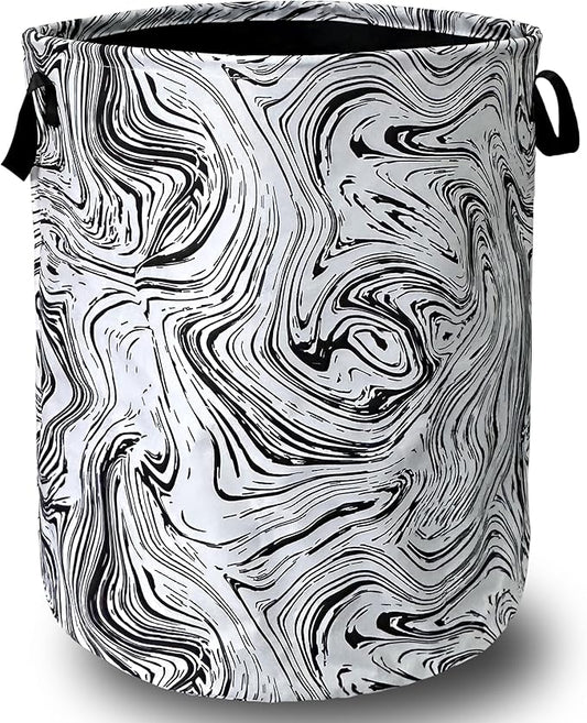 Black and White Marble Texture Laundry Basket Foldable With Handles Tote Bag Oxford Cloth Funny Laundry Hamper Clothes Storage Bucket Toy Organizer 18.9"x16.5"For Bathroom/Laundry/Bedroom