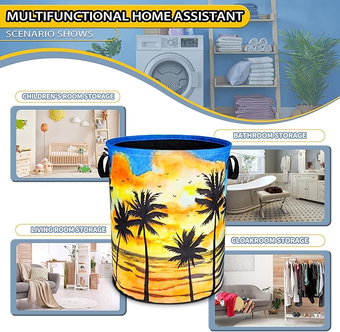 Hawaiian Beach Palm Trees Laundry Basket Sunset Foldable Oxford Cloth Funny Tote Bag Laundry Hamper Clothes Storage Bucket Toy Organizer For Bathroom/Laundry Storage/Bedroom 18.9x16.5 Inch