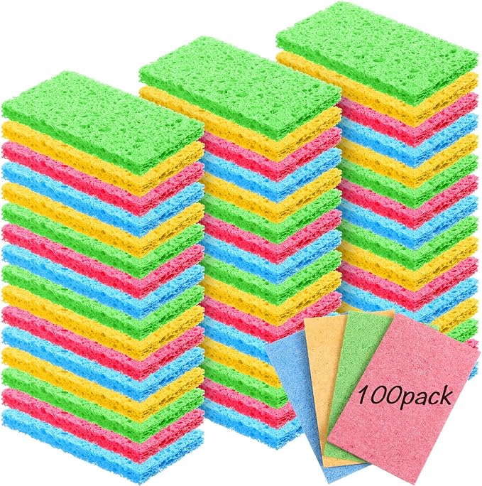 Zhengmy 100 Pieces Kitchen Sponge Bulk Natural Sponges for Dishes Compressed Wood Pulp Sponges Cleaning Sponge Without Scratching for Kitchen Bathroom, 3.9 x 2.4 x 0.12 Inch (Multicolor)