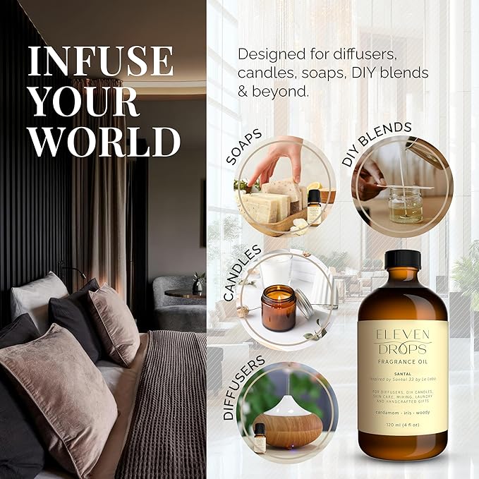 Santal Aroma Fragrance Oil – Essential Oil Blend for Diffusers, Candles & Soap Making, Mixing, Long Lasting Scent, Pet Friendly, Made in USA, Amber Glass Bottle, IFRA Compliant, 4 Fl. Oz.