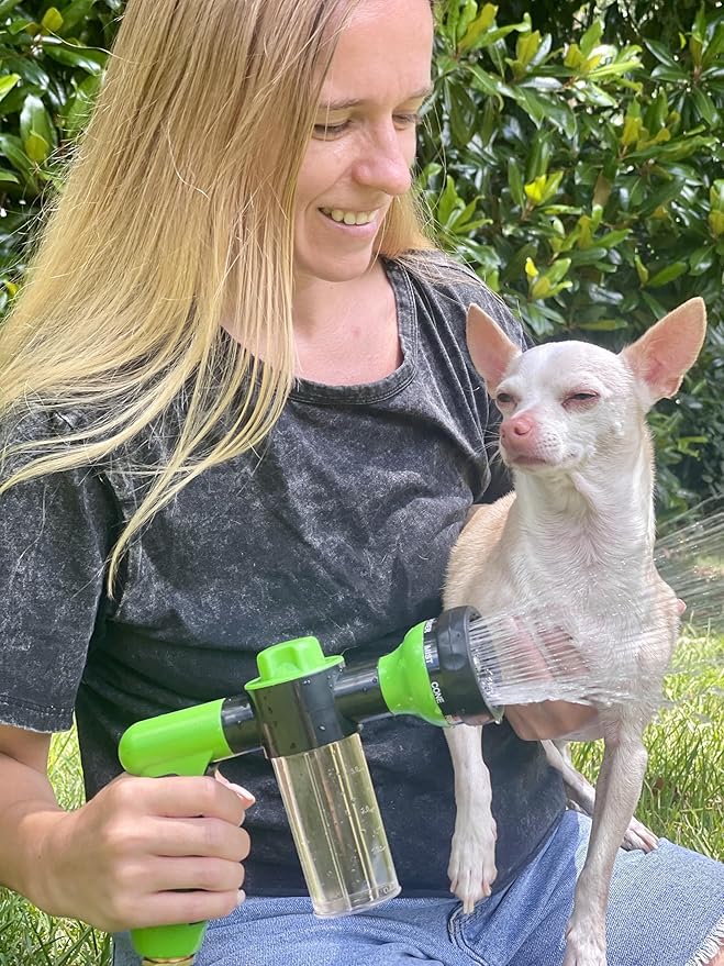 The Original Pup Jet Dog Washing Hose Attachment with Soap Dispenser – 8-in-1 Fur Sweep Shower Attachment & Shampoo Sprayer for Dog Wash, Bath, and Grooming Perfect Pet Care