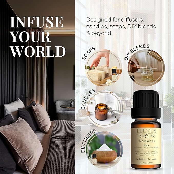 Santal Aroma Fragrance Oil – Essential Oil Blend for Diffusers, Candles & Soap Making, Mixing, Long Lasting Scent, Pet Friendly, Made in USA, Amber Glass Bottle, IFRA Compliant – 10 ml