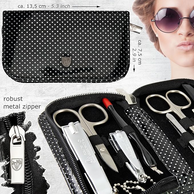 3 Swords Germany – brand quality 8 piece manicure pedicure grooming kit set for professional nail care with synthetic leather case black silver spots - Made in Germany
