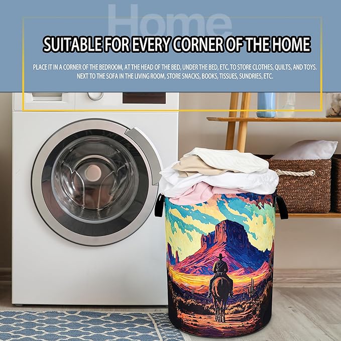 Western Cowboy Laundry Basket Desert Mountains Foldable Oxford Cloth Funny Tote Bag Laundry Hamper Clothes Storage Bucket Toy Organizer For Bathroom/Laundry Storage/Bedroom 18.9x16.5 Inch