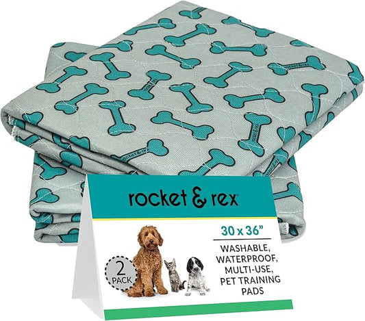 rocket & rex Premium Washable Pee Pads for Dogs, Waterproof & Reusable Puppy Pads for Potty Training, Whelping, Lining Crates & More, Guaranteed for up to 300 Washes, 30" x 36" (Pack of 2)