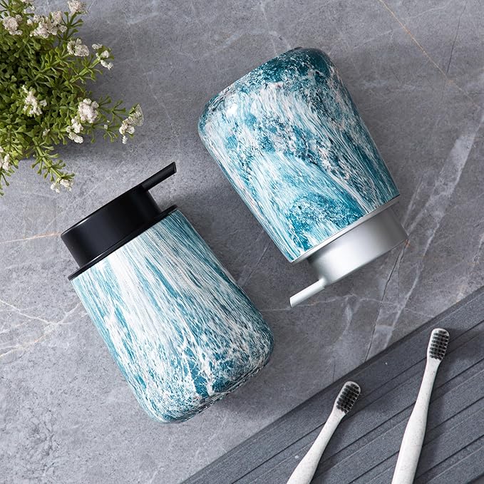 Enra Ceramic Foam Soap Dispenser, 12 oz Blue Foaming Soap Dispenser for Bathroom & Kitchen with Easy-to-Press Silver Pump