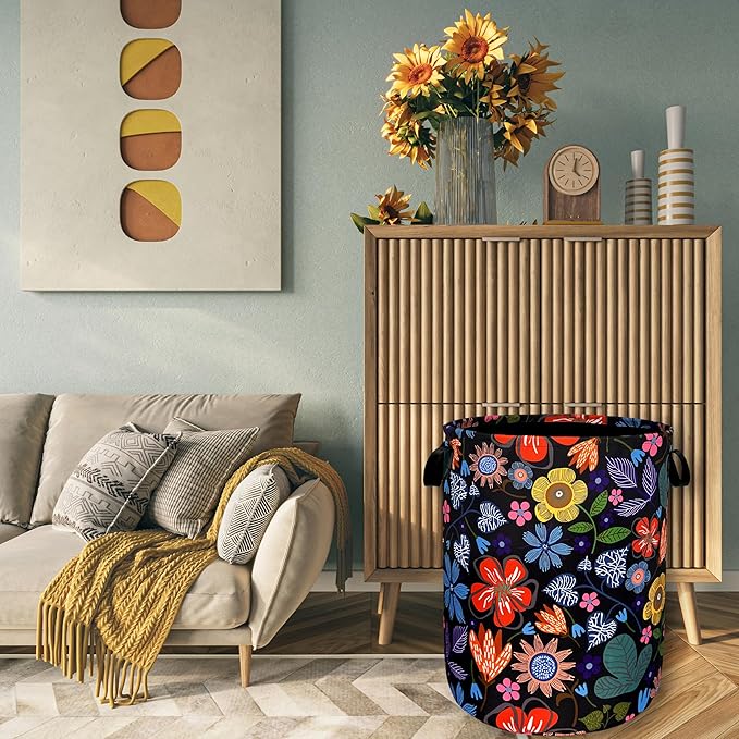 Abstract Colorful Flowers Laundry Hamper Pretty Floral Laundry Basket With Handles Foldable Oxford Cloth Tote Bag Clothes Toy Storage Bucket 18.9" x 16.5" For Bathroom/Laundry/Bedroom