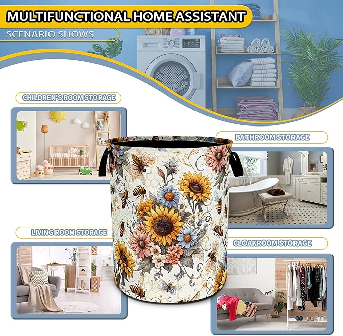 Bee Sunflower Laundry Basket Flower Foldable Oxford Cloth Funny Tote Bag Laundry Hamper Clothes Storage Bucket Toy Organizer For Bathroom/Laundry Storage/Bedroom 18.9x16.5 Inch