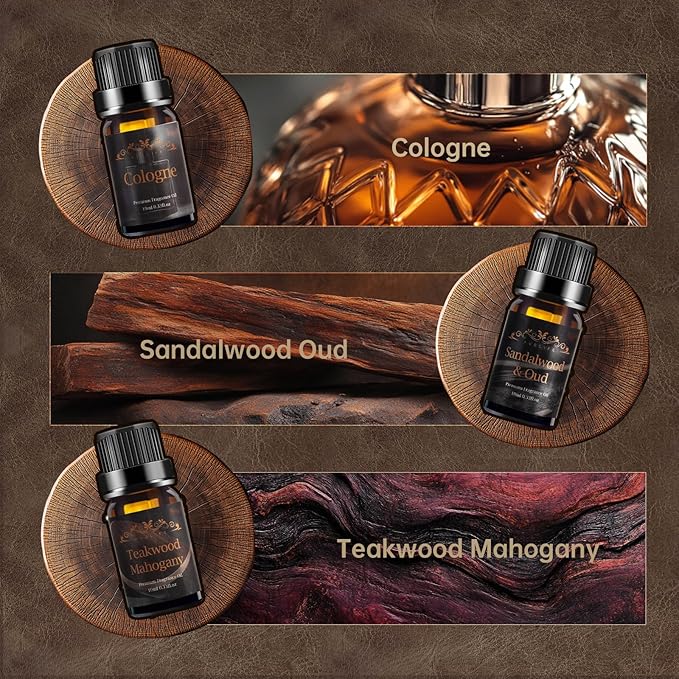 Men Essential Oils Set - 6 Premium Fragrance Oils for Diffusers for Home, Candles & Aromatherapy | Leather, Sandalwood, Cologne, Smoke Vanilla, Oak, Mahogany Scents | Gift Set for Men, Father's Day