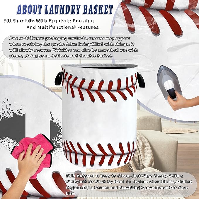Baseball Texture Laundry Basket Foldable Funny Baseball Laundry Hamper With Handle Oxford Cloth Portable Clothes Storage Organizer Basket 18.9"x16.5" Laundry Bag For Laundry Room/Bedroom/Bathrooms