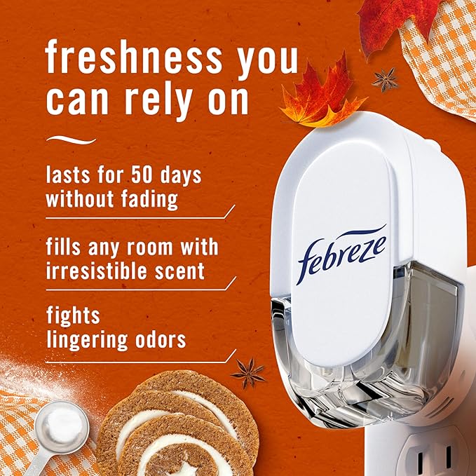 Febreze Plug In Air Freshener, Odor-Fighting Scented Oil Refill, Pumpkin Roll Scent, 4 Refill