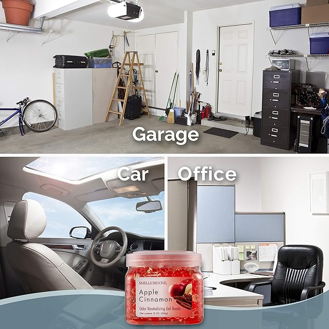 SMELLS BEGONE Odor Eliminator Gel Beads - Air Freshener - Eliminates Odor in Bathrooms, Cars, Boats, RVs and Pet Areas - Made with Essential Oils - Apple Cinnamon Scent - 12 Ounce