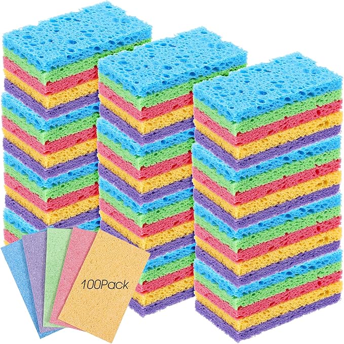 100 Pieces Kitchen Sponge Bulk Natural Sponges for Dishes Compressed Wood Pulp Sponges Cleaning Sponge Without Scratching for Kitchen Bathroom, 3.9 x 2.4 x 0.2 Inch (Multicolor)