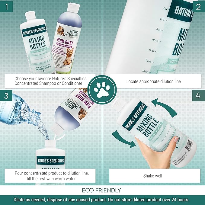 Nature's Specialties Mixing Bottle and Dog Shampoo Concentrate Bundle, Easy to Read Measurements Mixing Bottle 32 oz, Plum Silky Dog Shampoo Conditioner Concentrate 32 oz