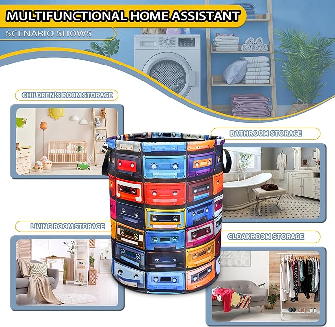 Vintage Cassette Music Tape Laundry Basket Foldable Oxford Cloth Funny Tote Bag Laundry Hamper Clothes Storage Bucket Toy Organizer For Bathroom/Laundry Storage/Bedroom 18.9x16.5 Inch