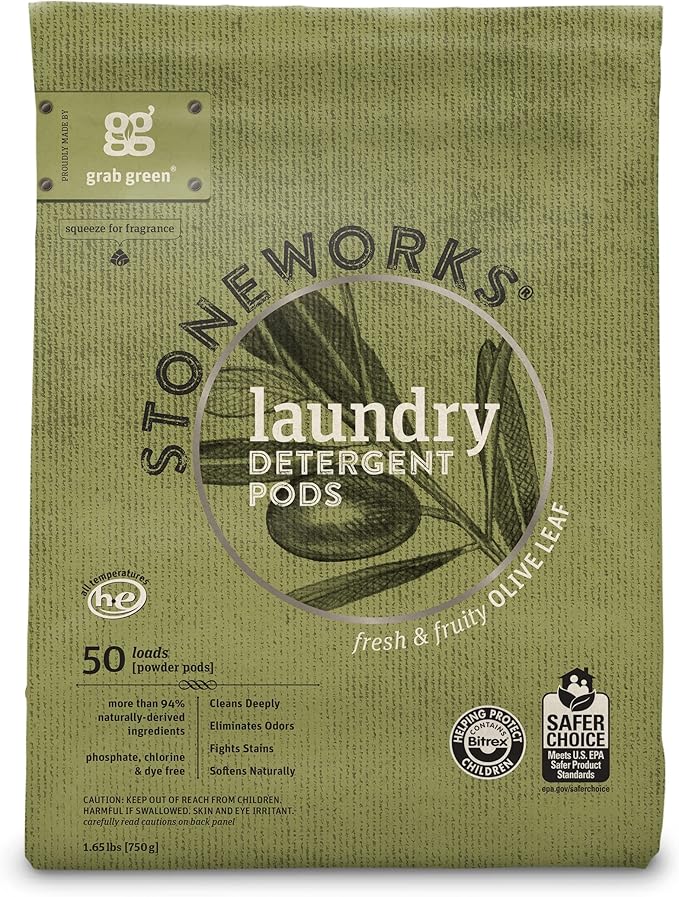 Grab Green Stoneworks Laundry Detergent Pods and Dryer Sheet Bundle, 50 Count Pods and 80 Dryer Sheets, Olive Leaf Scent, Plant and Mineral Based Laundry Care Set