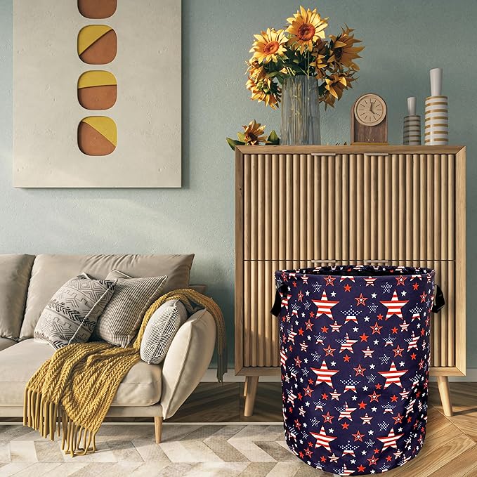 American Flag Laundry Basket Foldable With Handles US Flag With Stars Tote Bag Oxford Cloth Laundry Hamper Clothes Storage Bucket Toy Organizer 18.9"x16.5" For Bathroom/Laundry/Bedroom