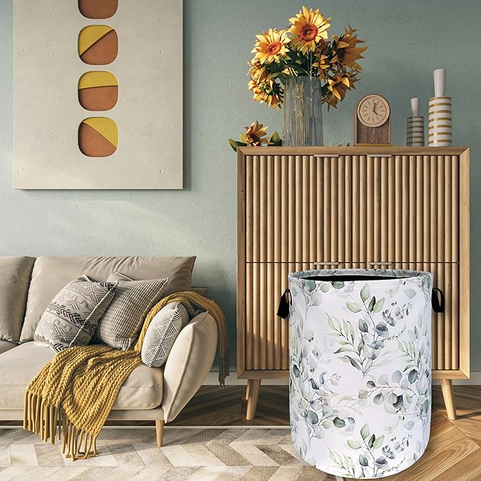 Watercolor Green Leaves Branches Laundry Hamper With Handles Foldable Oxford Cloth Tote Bag Colorful Laundry Basket Clothes Toy Storage Bucket 18.9" x 16.5" For Bathroom/Laundry/Bedroom